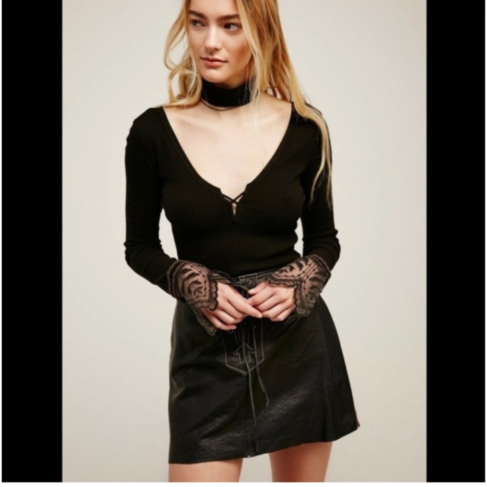 Free People Last Dance Lace Cuff Thermal Black Size Small